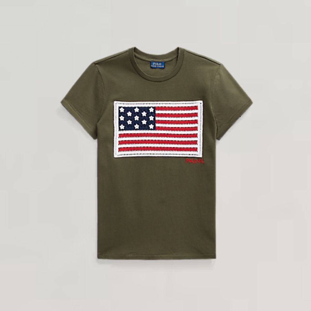 Polo Ralph Lauren Crotchet Flag 100% Cotton Crewneck T-shirt Preppy Americana - Picture 2 of 9